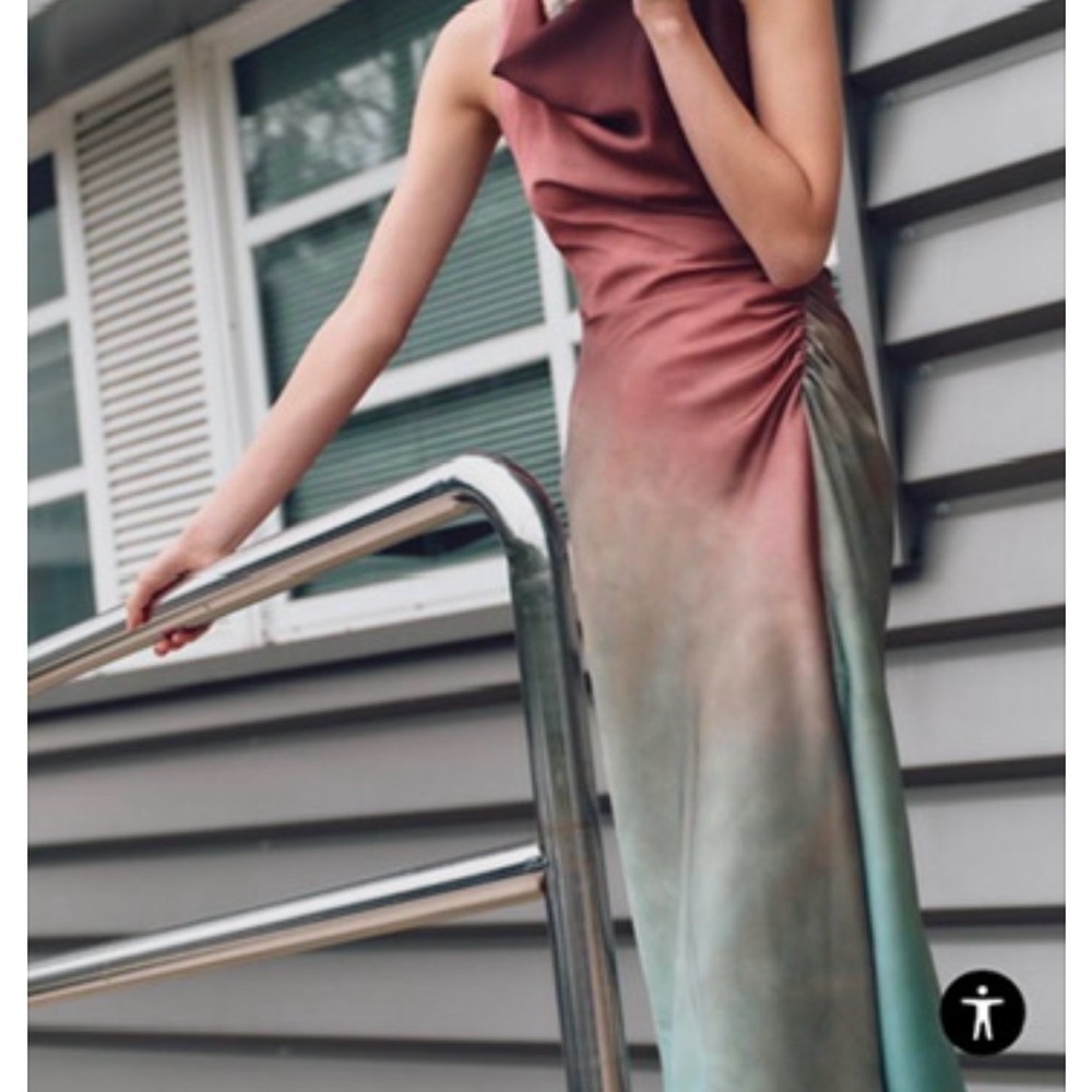 Zara Satin Ombre Cowl Neck Evening Dress - Rust to Teal Sz L